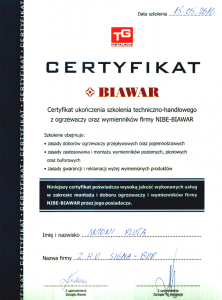 Certyfikat NIBE-BIAWAR