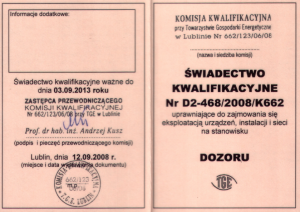 Świadectwo Kwalifikacyjne Nr E1-703/2008/K662 str. 1