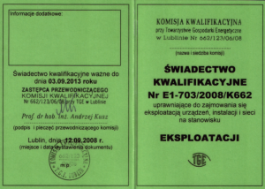 Świadectwo Kwalifikacyjne Nr E1-703/2008/K662 str. 1